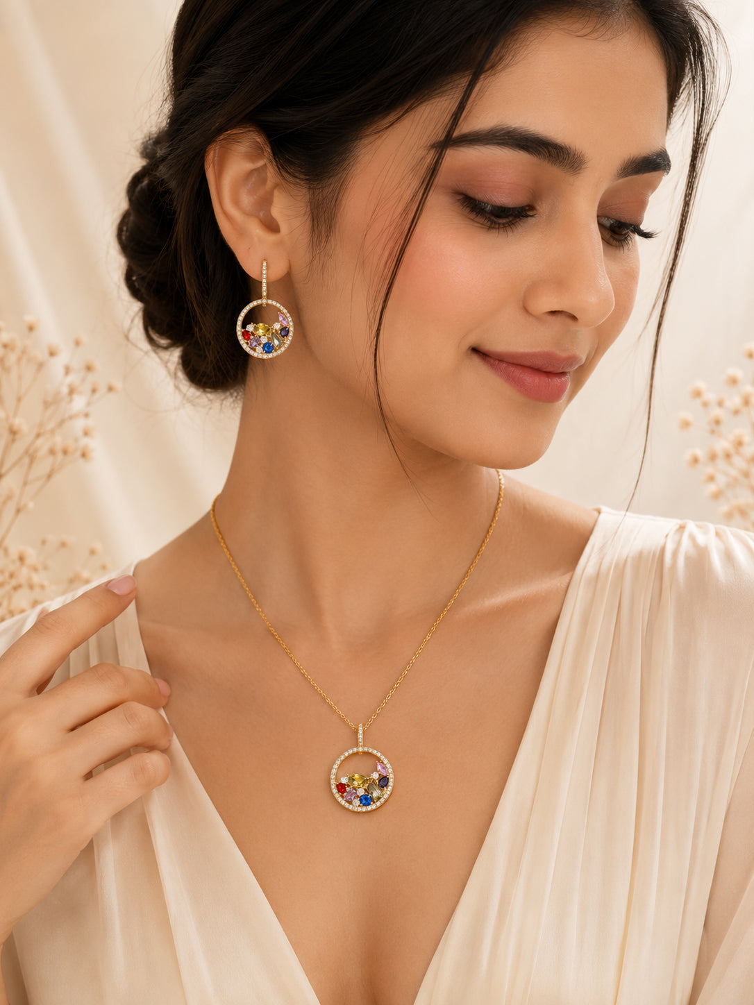 Aanura Multicolor Crystal Circle Necklace & Earrings