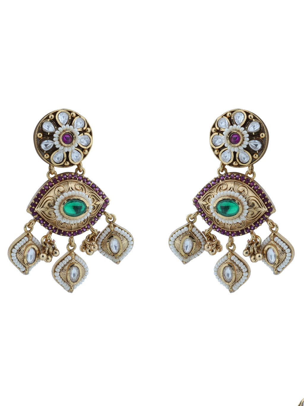 Aanura Gold-Plated Green Ruby Floral Drop Earrings