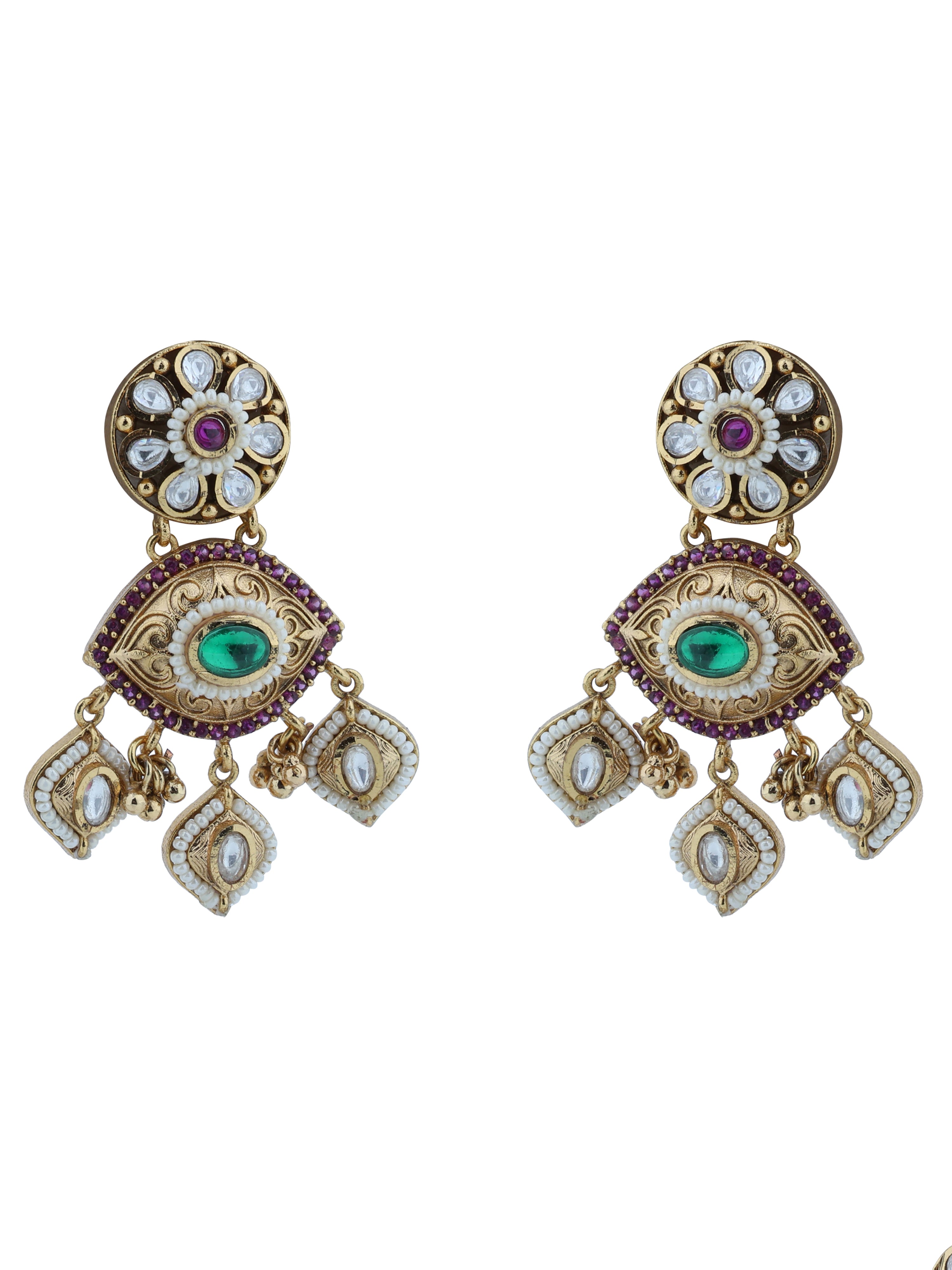 Aanura Gold-Plated Green Ruby Floral Drop Earrings