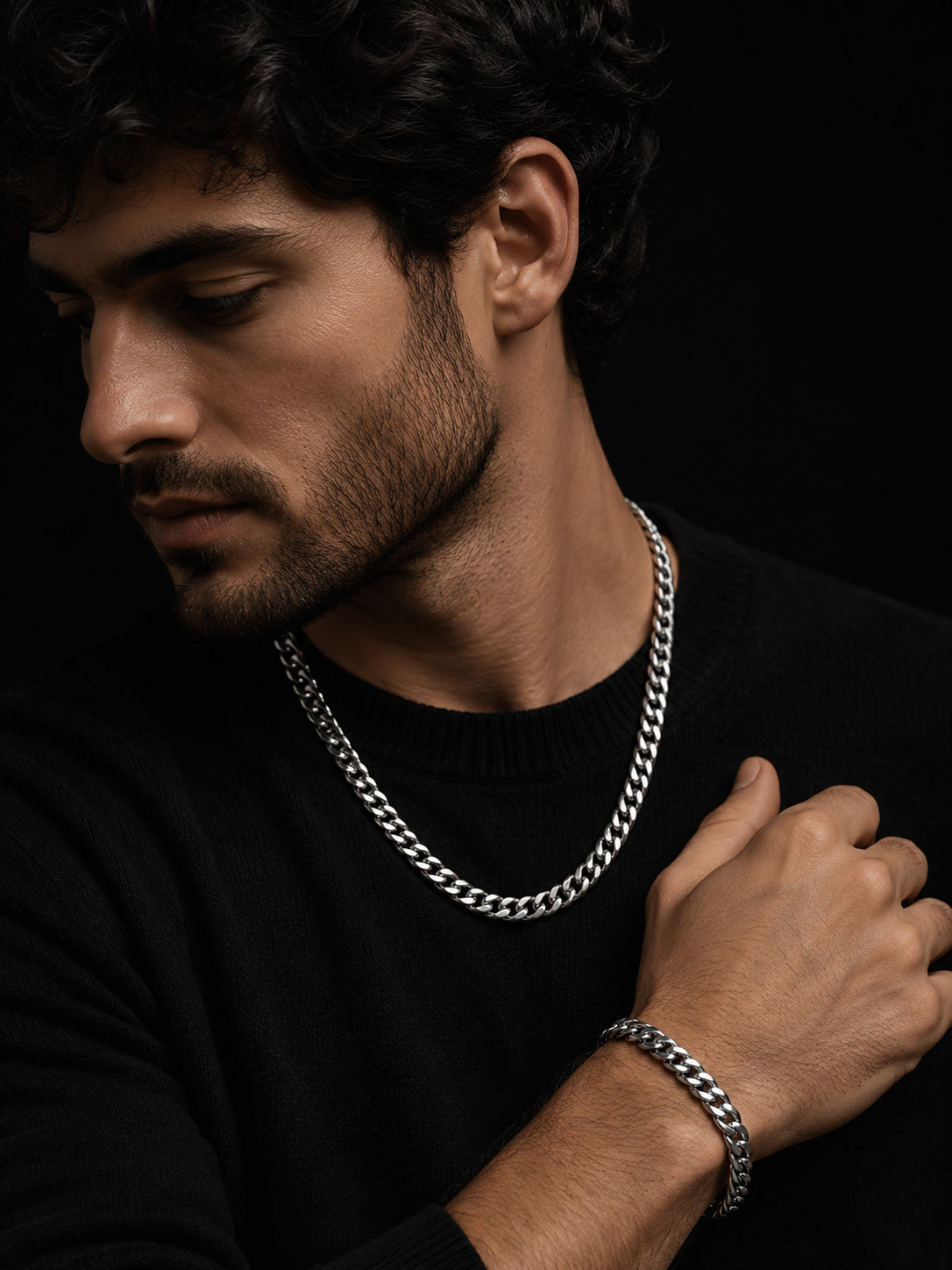 Rhodium Plated Curb Chain & Woven Bracelet Combo for Men