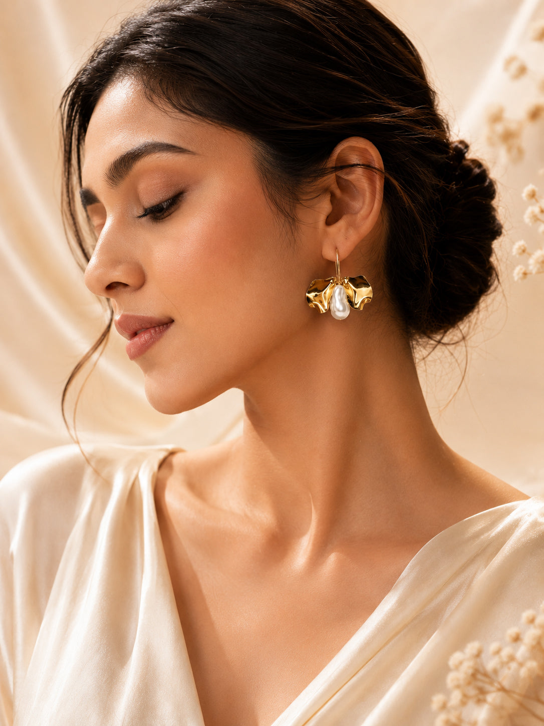 Aanura Baroque Pearl Gold Leaf Earrings