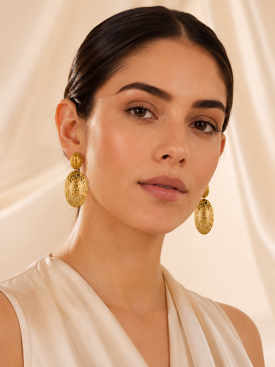 Aanura Textured Gold Oval Statement Earrings