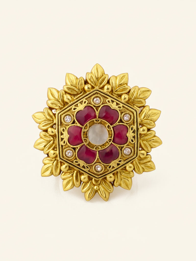 Aanura Gold-Plated Hexagon Green Floral Ring
