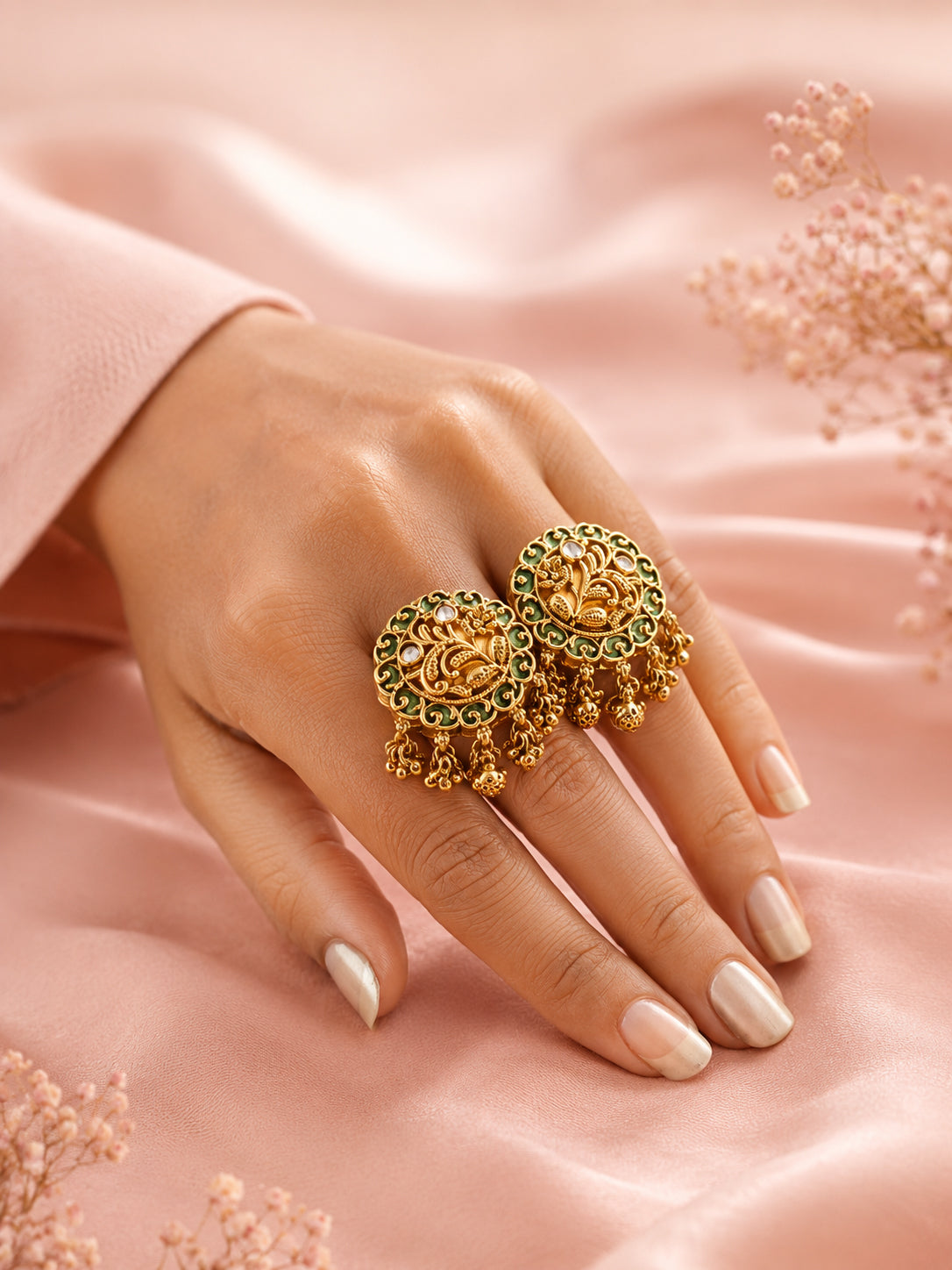 Aanura Gold-Plated Green Enamel Floral Rings