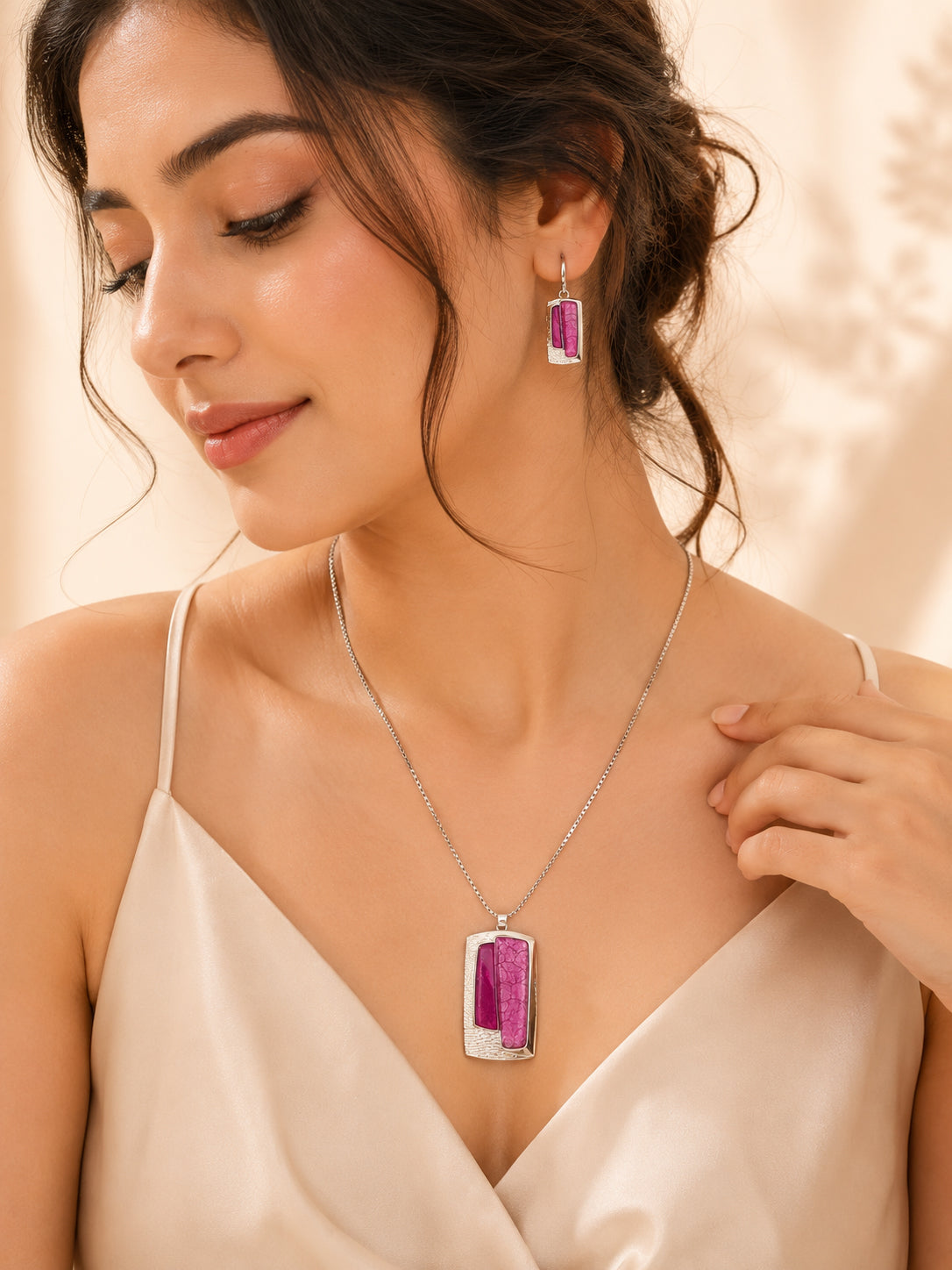 Aanura Rectangular Pink Stone Necklace & Earrings Set