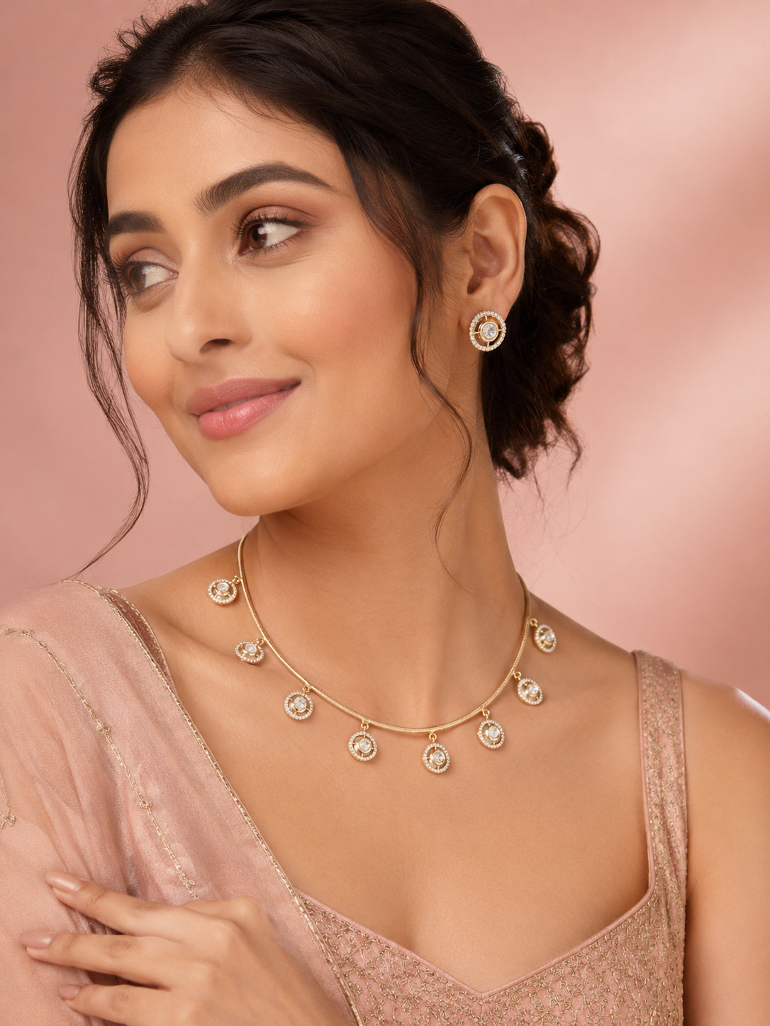 Aanura Minimal Gold Necklace Set with Round Crystal Drops