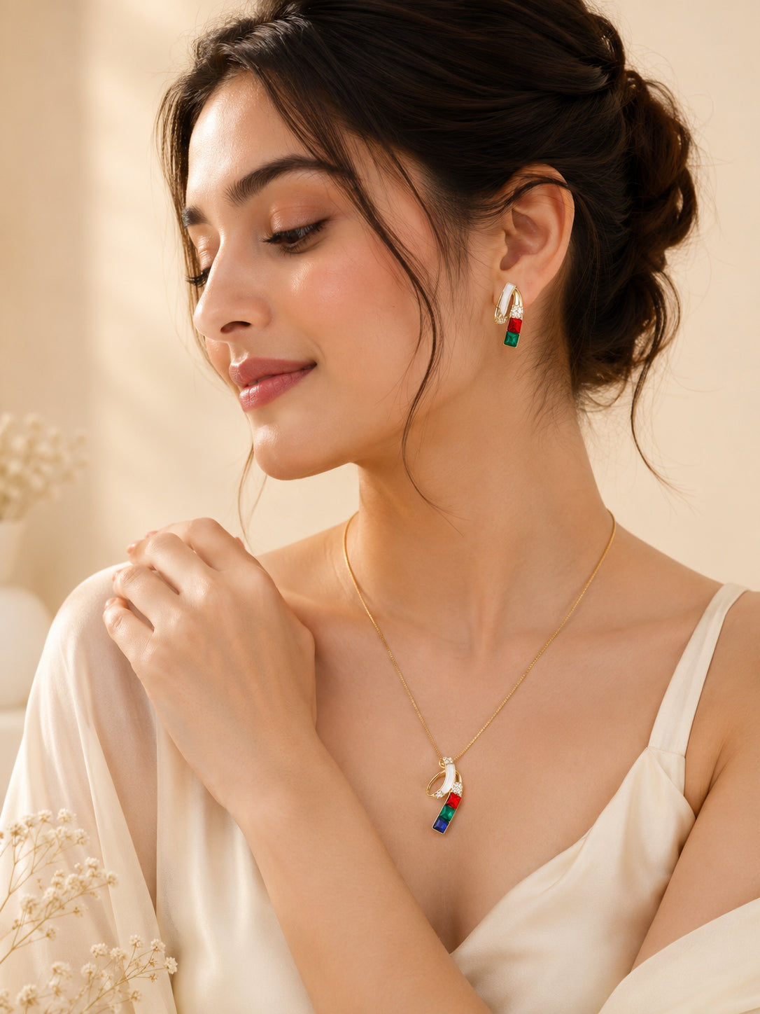 Aanura Multi-Color Ribbon Necklace & Earrings Set