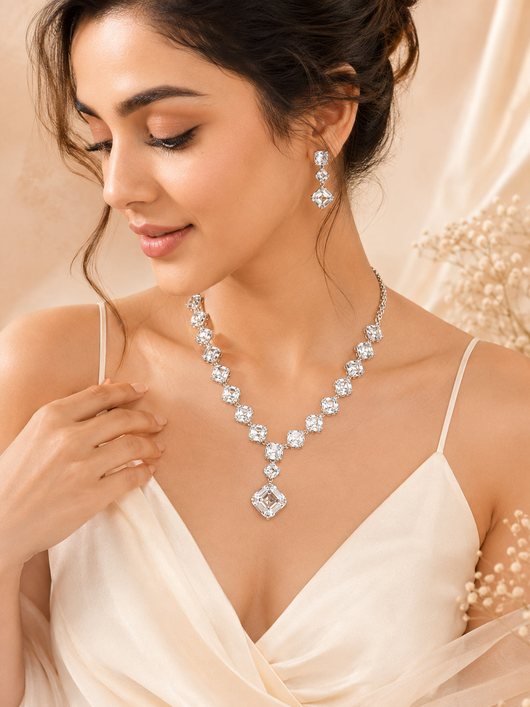Aanura Square Crystal Necklace Set in Stainless Steel