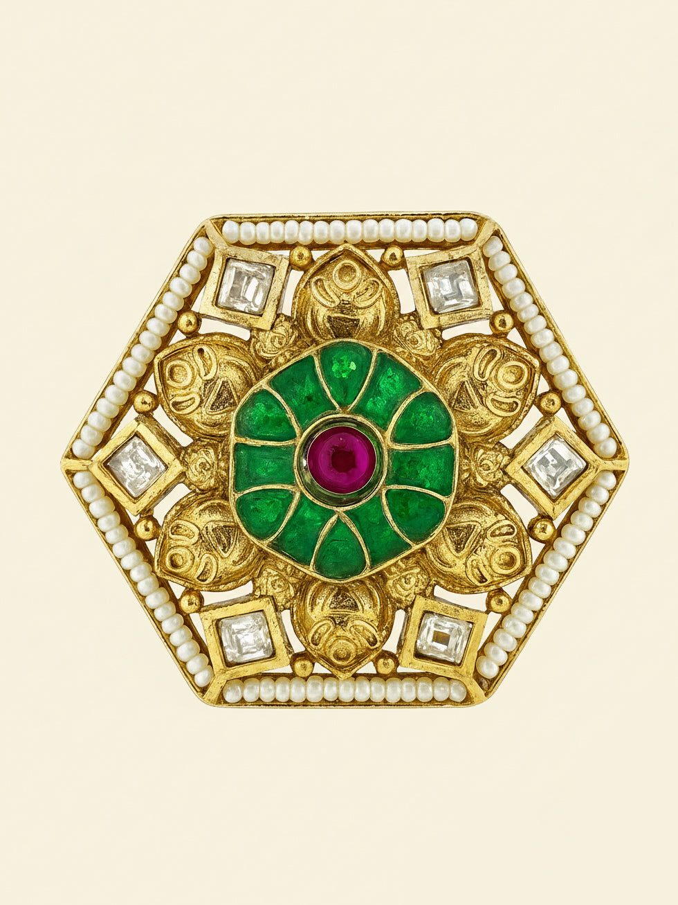 Aanura Gold-Plated Hexagon Green & Ruby Statement Ring