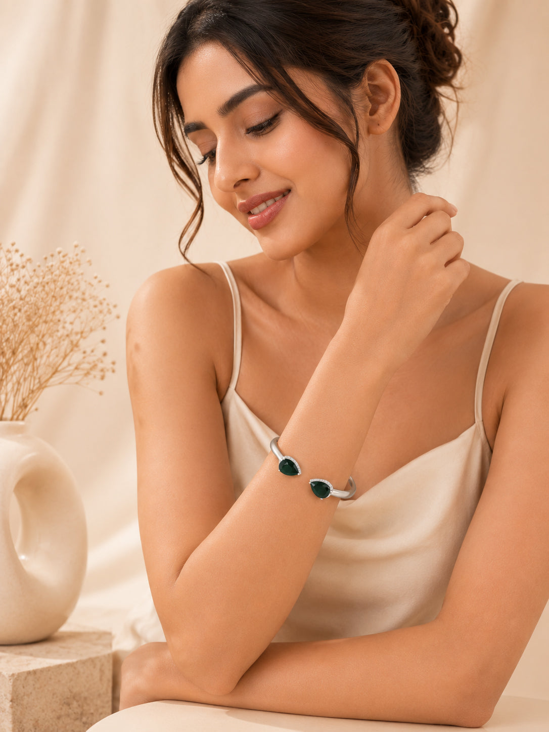 Aanura Emerald Twin Charm Silver Bracelet