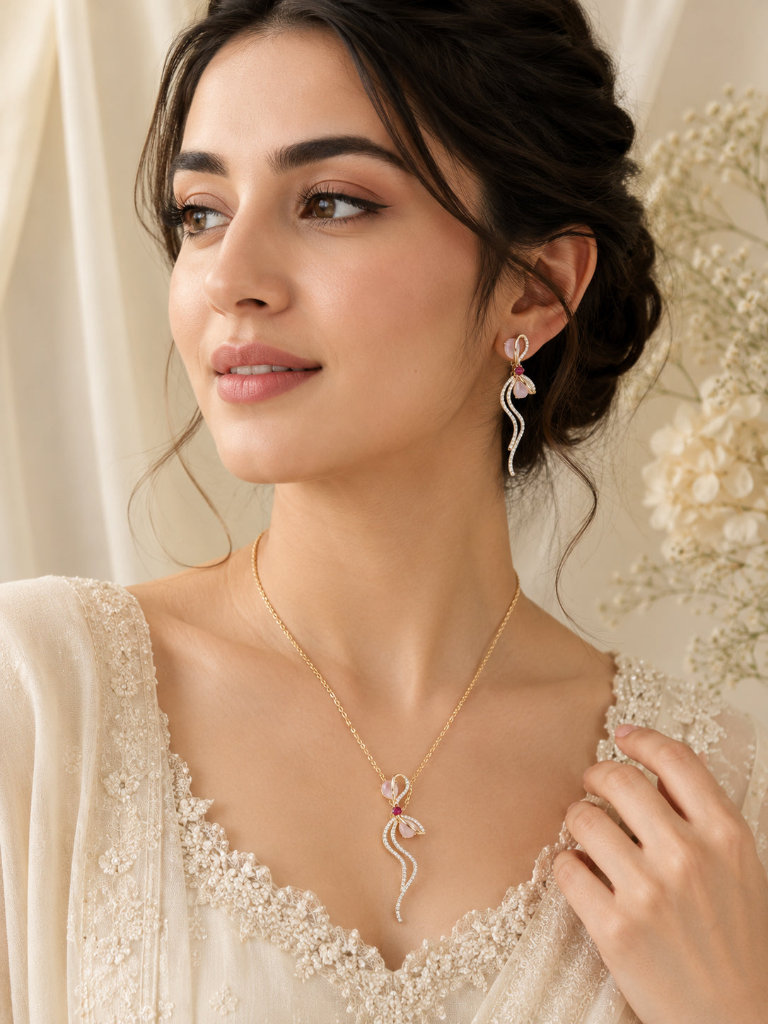 Aanura Floral Bow Necklace & Earrings Set