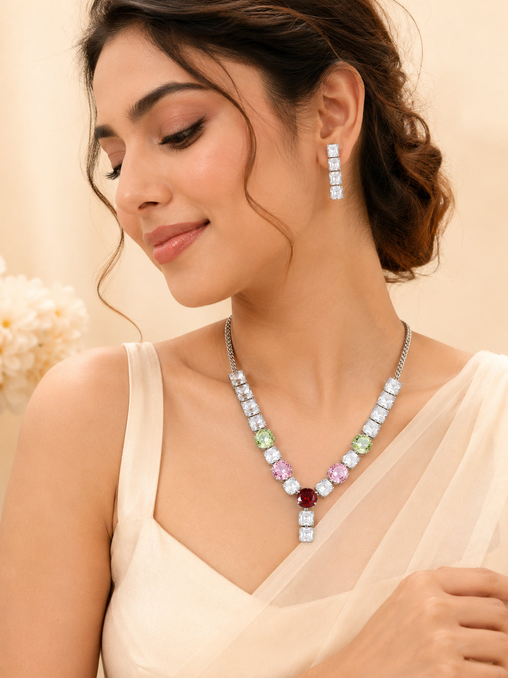 Aanura Red Center Multicolor Crystal Necklace