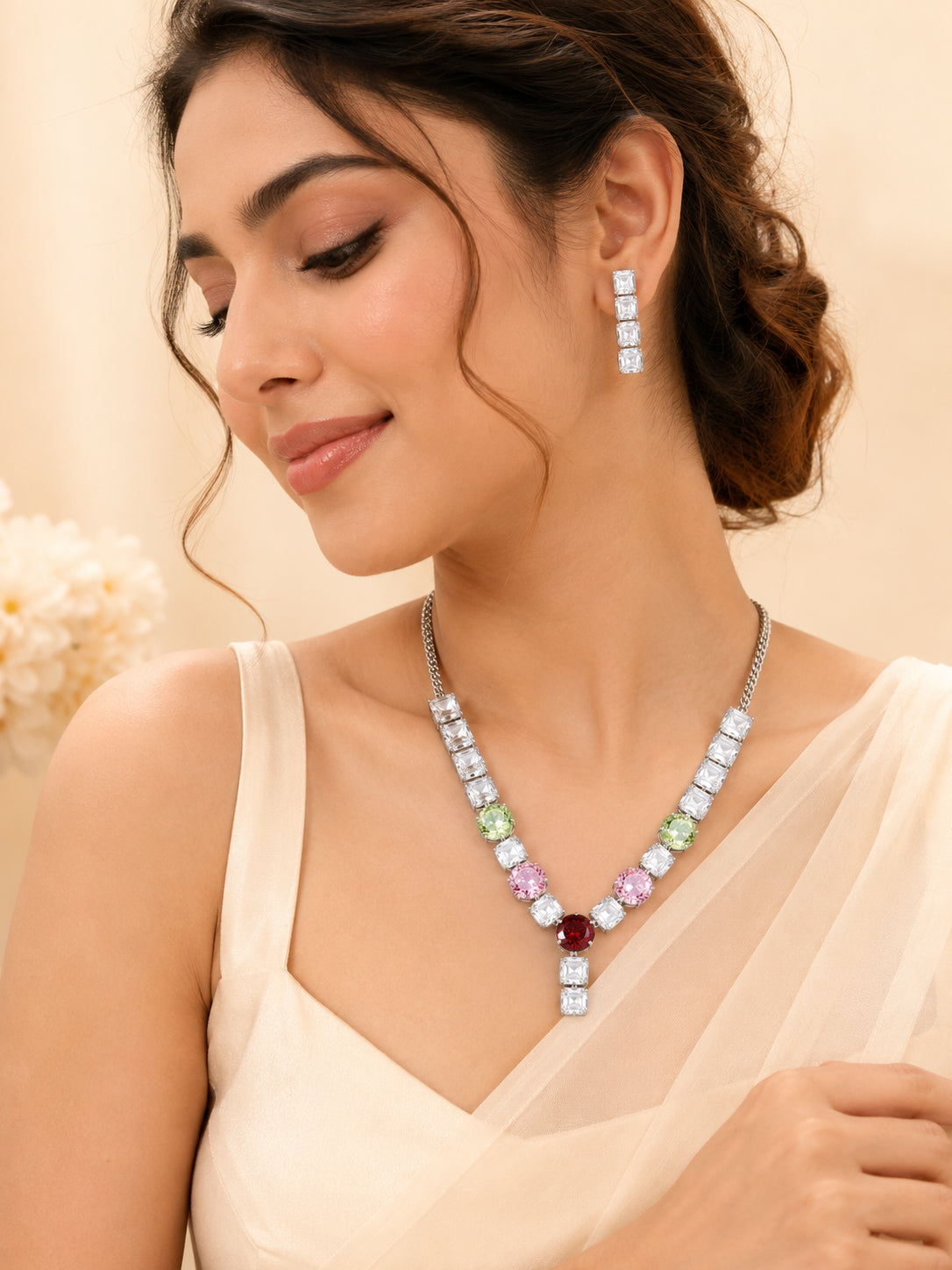 Aanura Red Center Multicolor Crystal Necklace