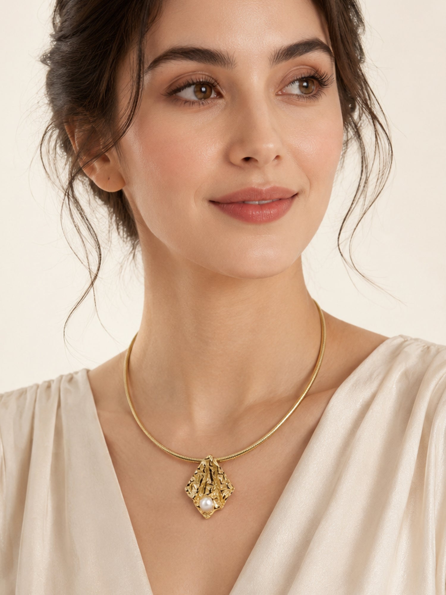 Aanura Gold Choker Necklace with Pearl Accent Charm