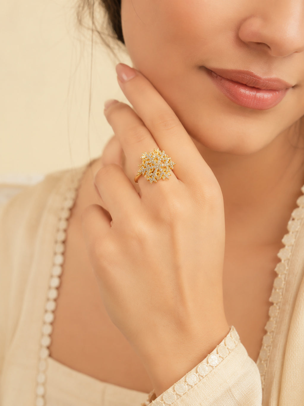 18K Gold Plated Floral Sparkle Statement Ring
