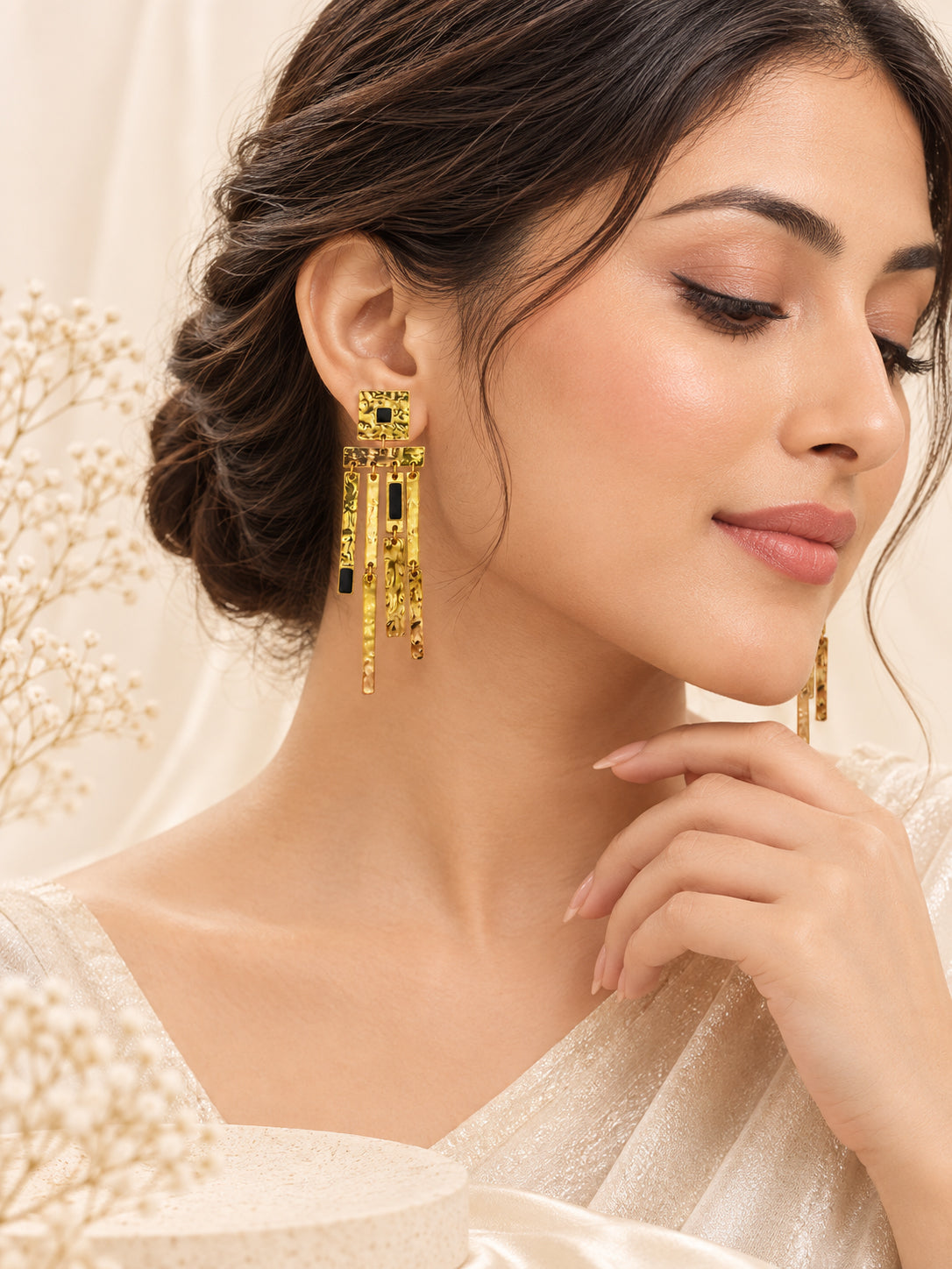 Aanura Hammered Gold Black Stone Dangle Earrings