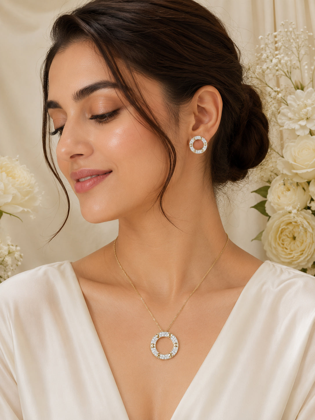 Golden Crystal Circle Necklace & Earrings Set