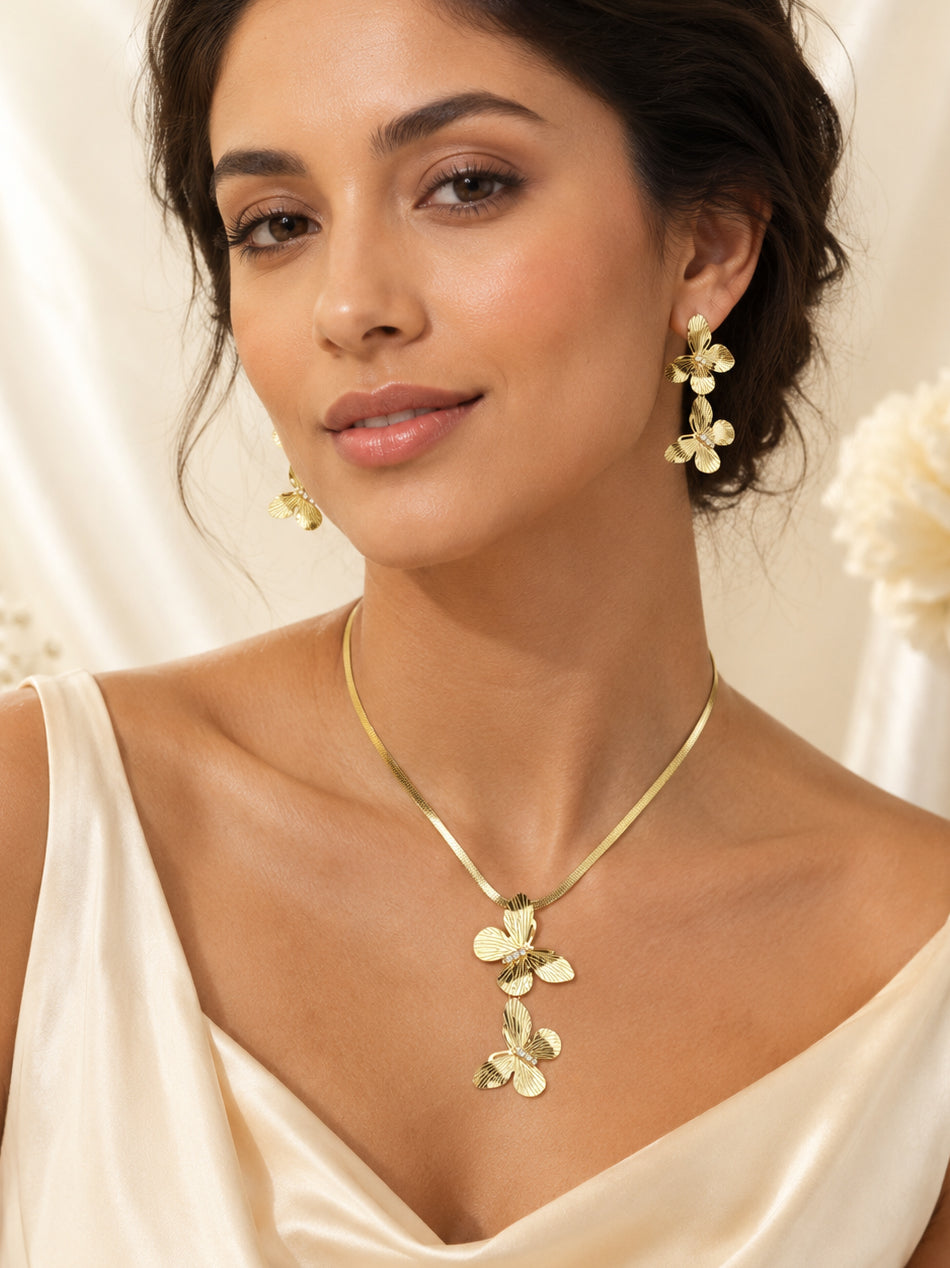 Golden Triple Orchid Necklace & Earrings Set