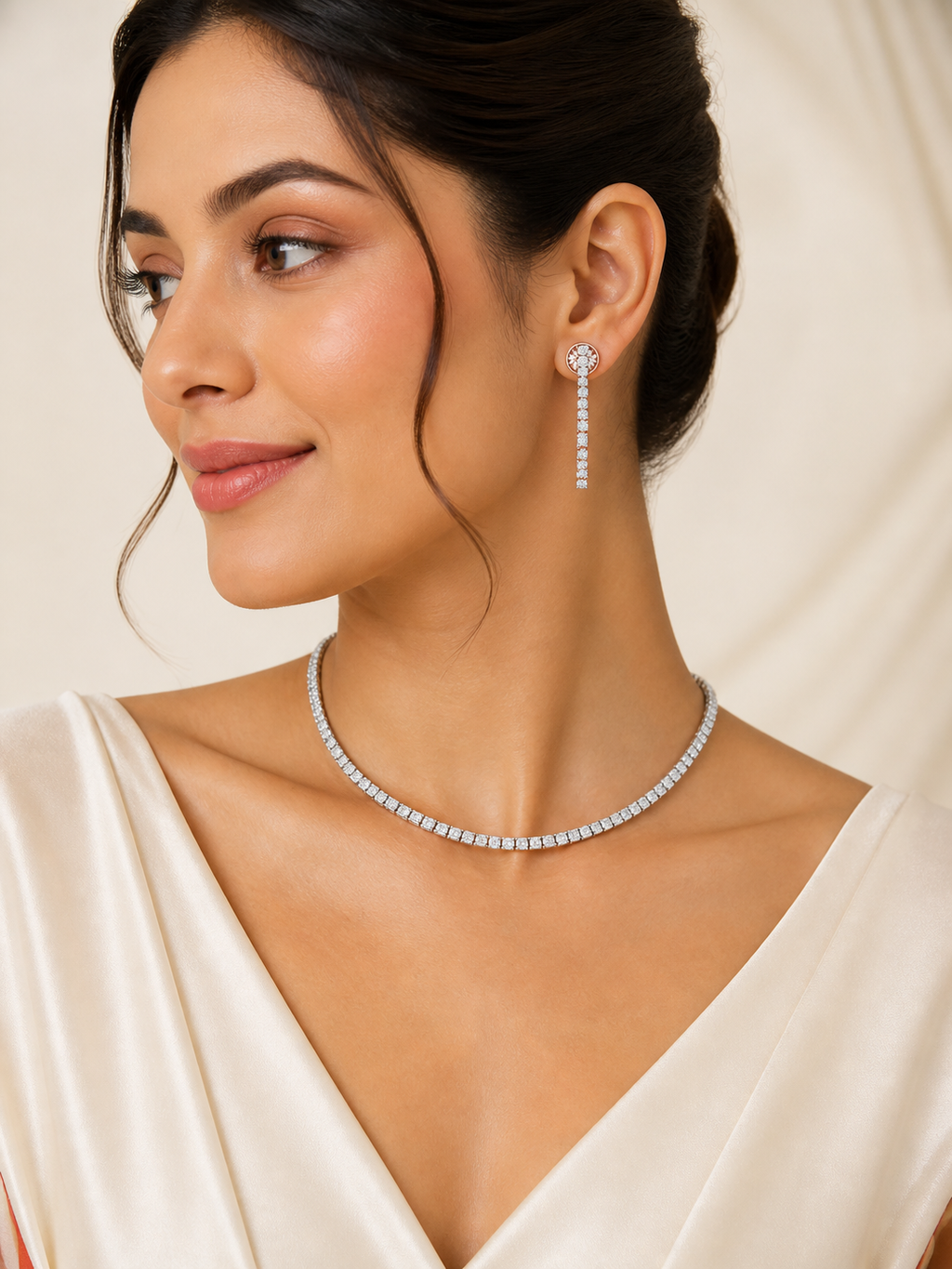 Aanura Diamond Tennis Necklace Set with Drop Earrings