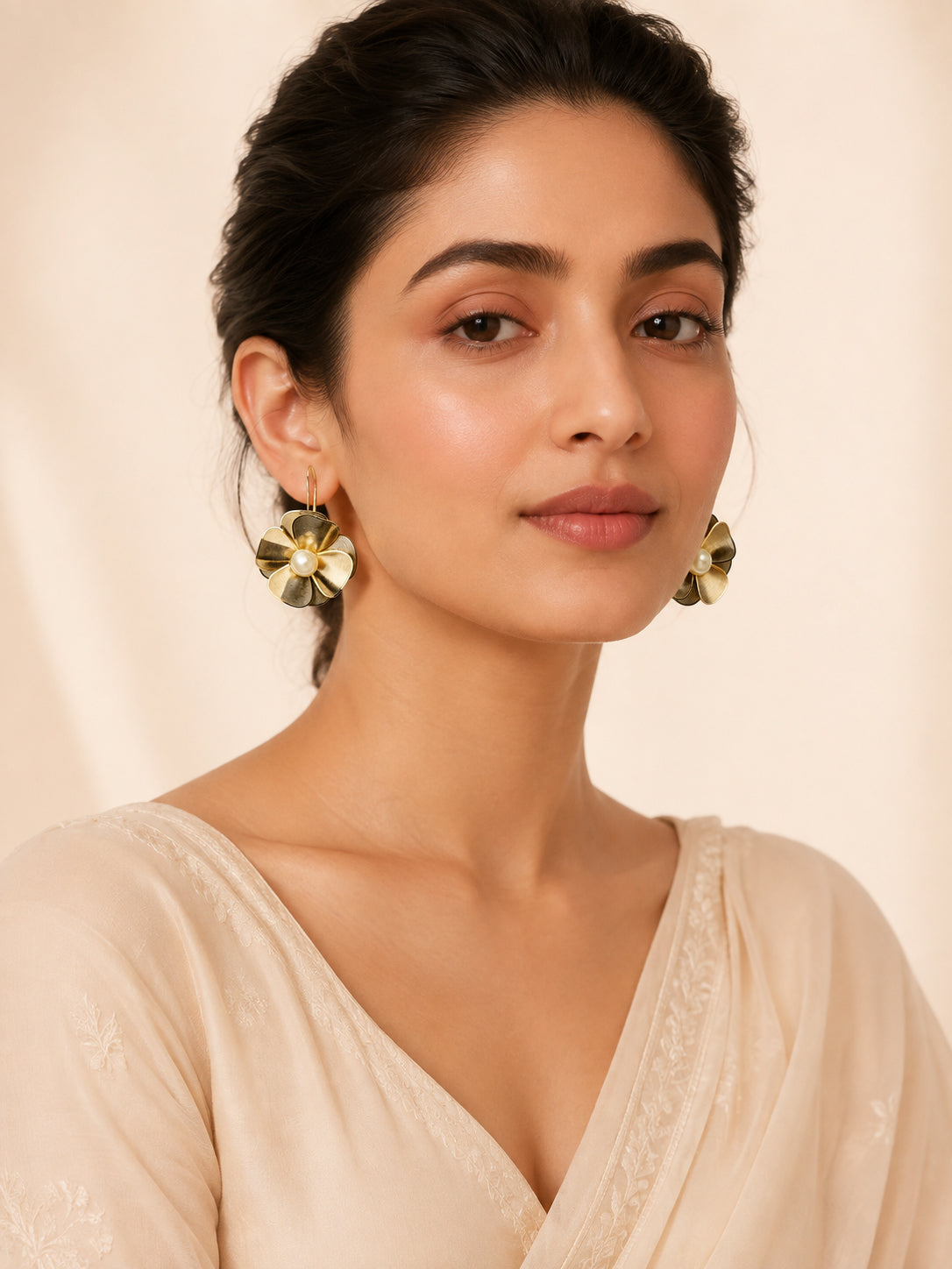 Aanura Floral Pearl Gold Statement Earrings
