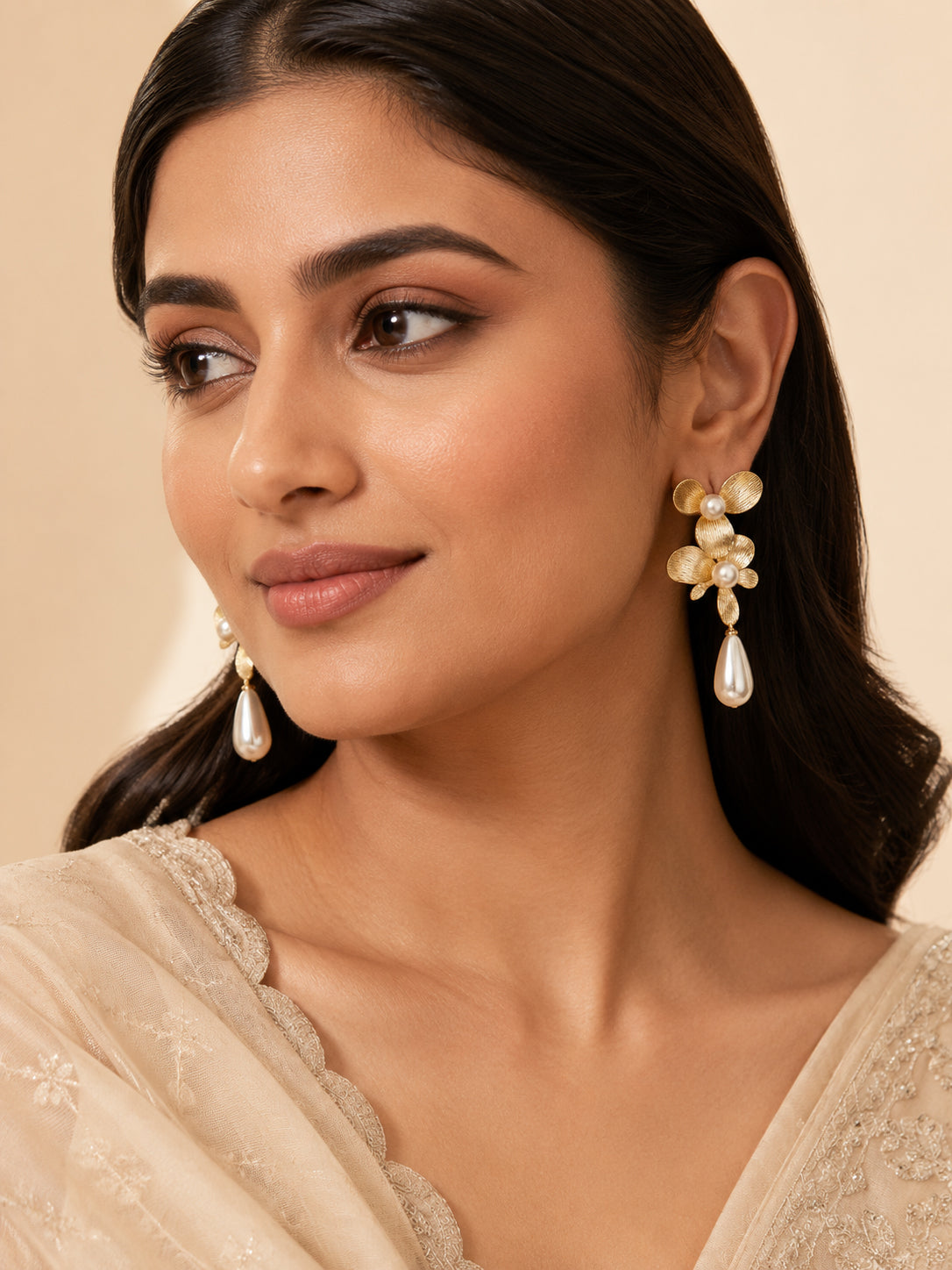 Aanura Floral Pearl Drop Gold Statement Earrings