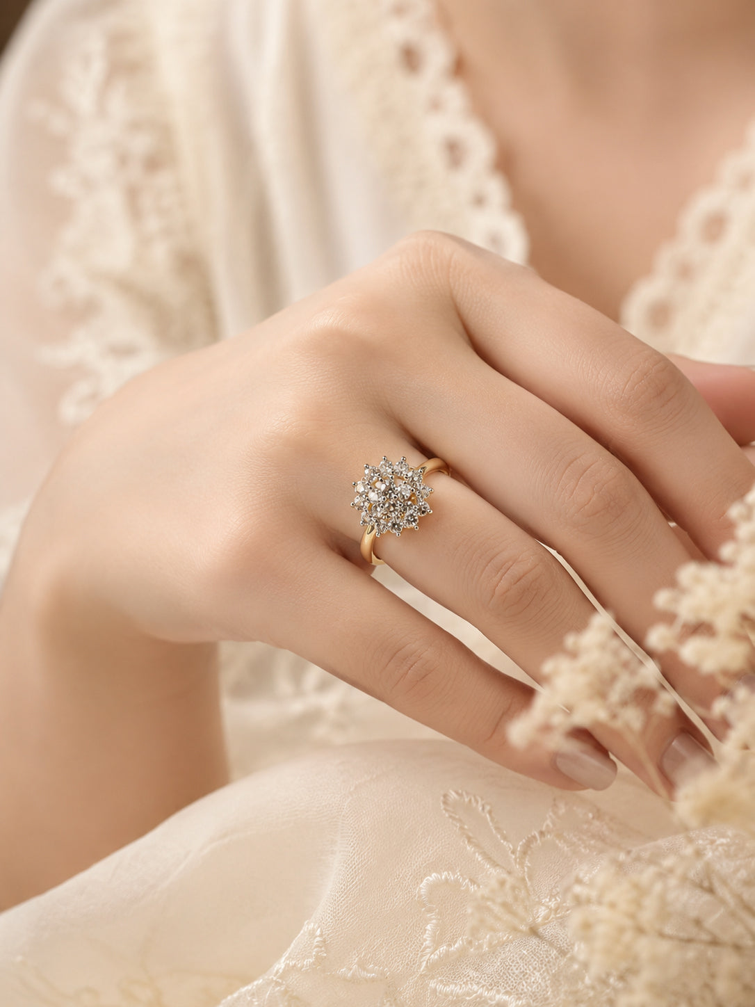 18K Gold-Plated Floral Diamond Cluster Ring – Anti-Tarnish, Waterproof