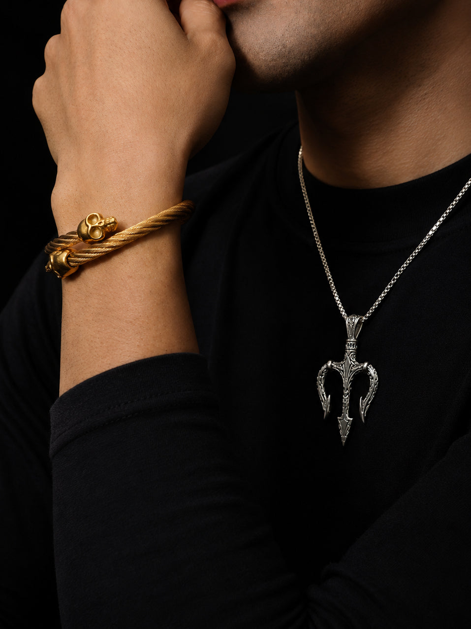 Gold Plated Skull Bracelet & Rhodium Plated Trident Pendant Combo