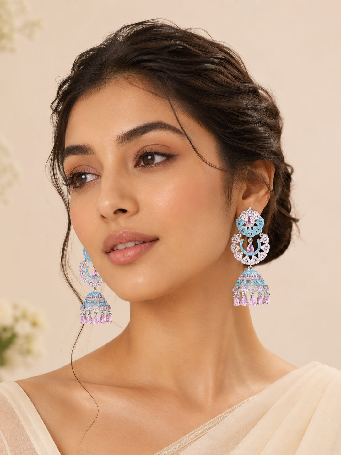 Aanura Silver Pink Crystal Oval Drop Earrings