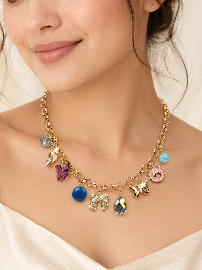 Aanura Gold Charm Necklace with Multicolor Pendants