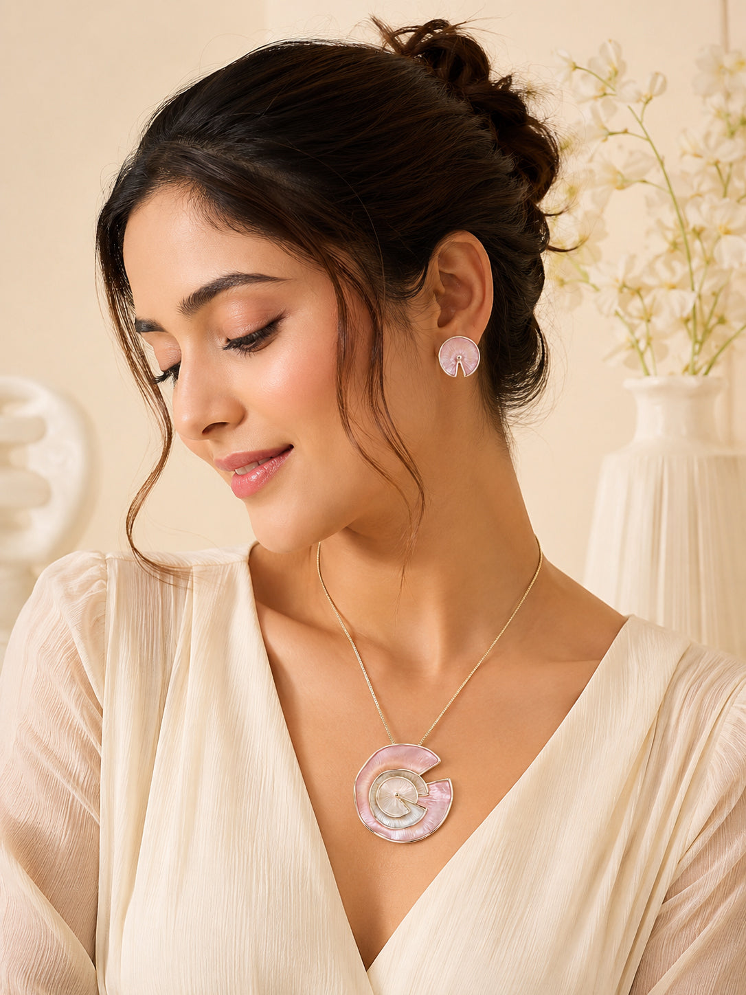 Aanura Pink Spiral Shell Necklace & Earrings Set