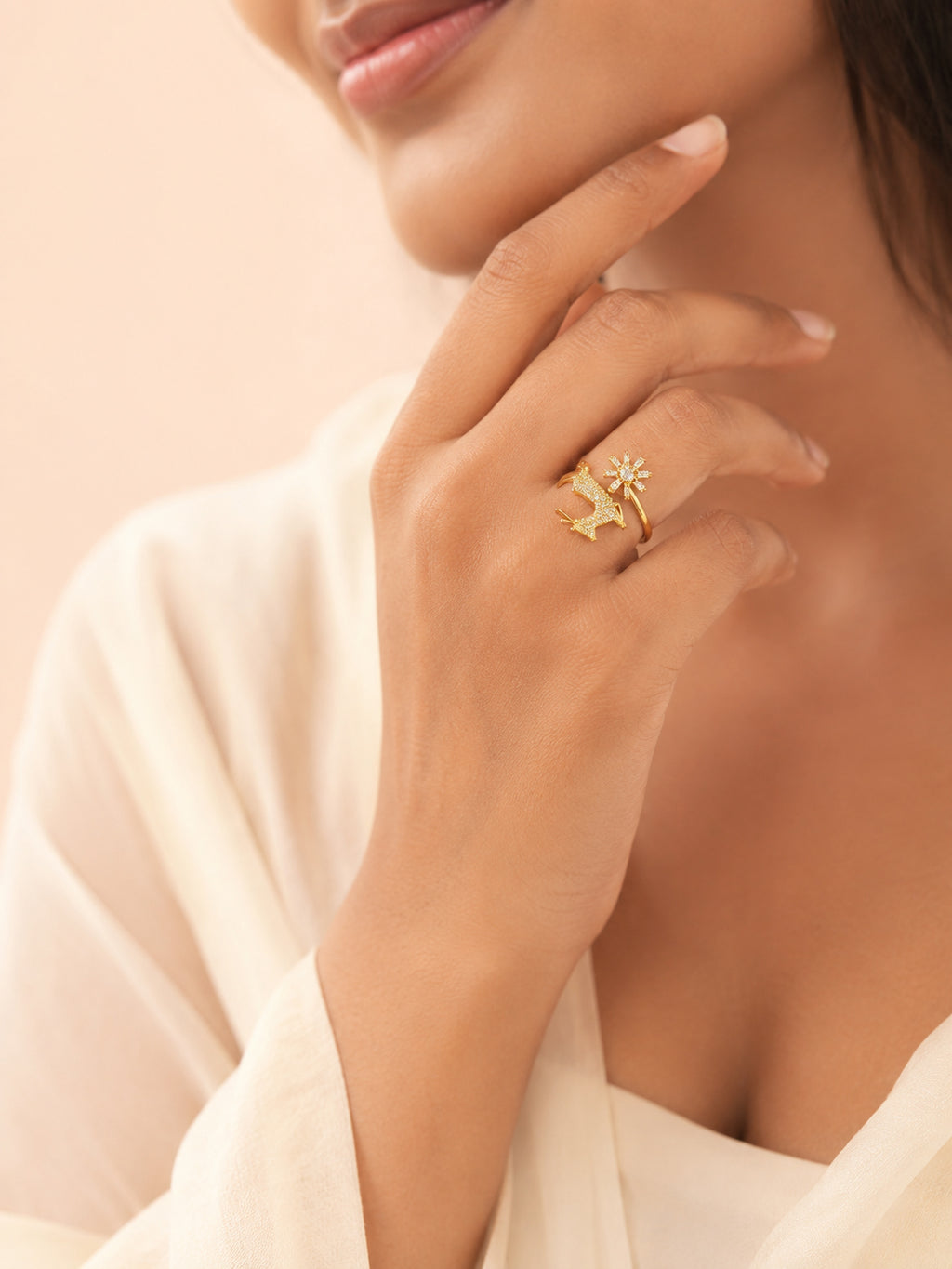 18K Gold Plated Tarnish-Resistant Deer Flower Crystal Ring