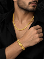 18K Gold Plated Herringbone Chain & Chevron Bracelet Set for Men