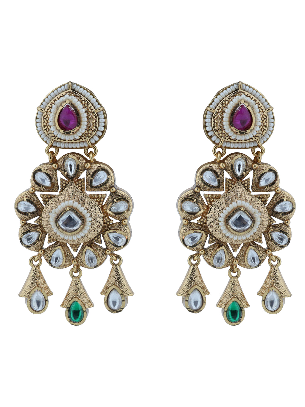 Aanura Gold Kundan Earrings with Red & Green Stones