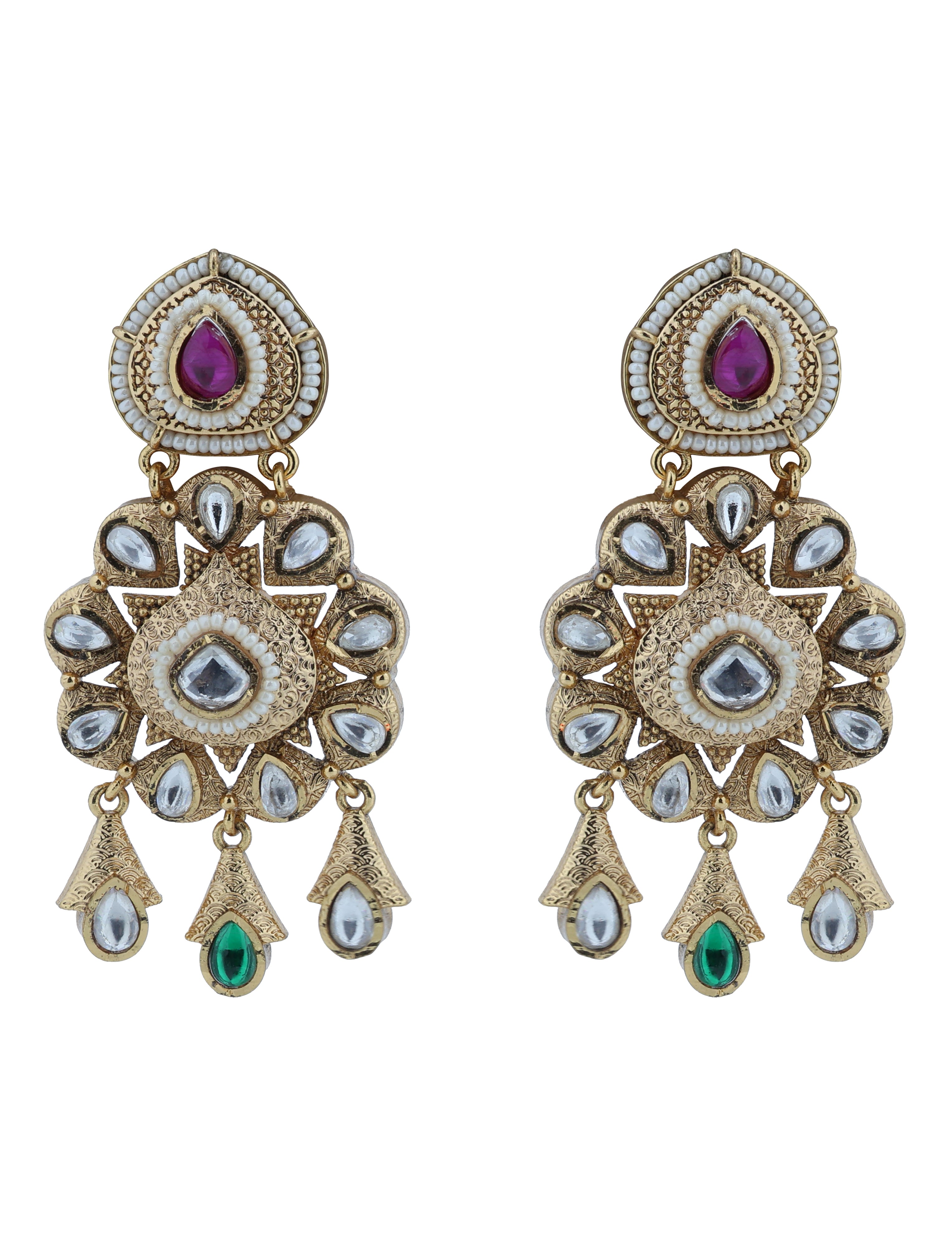 Aanura Gold Kundan Earrings with Red & Green Stones