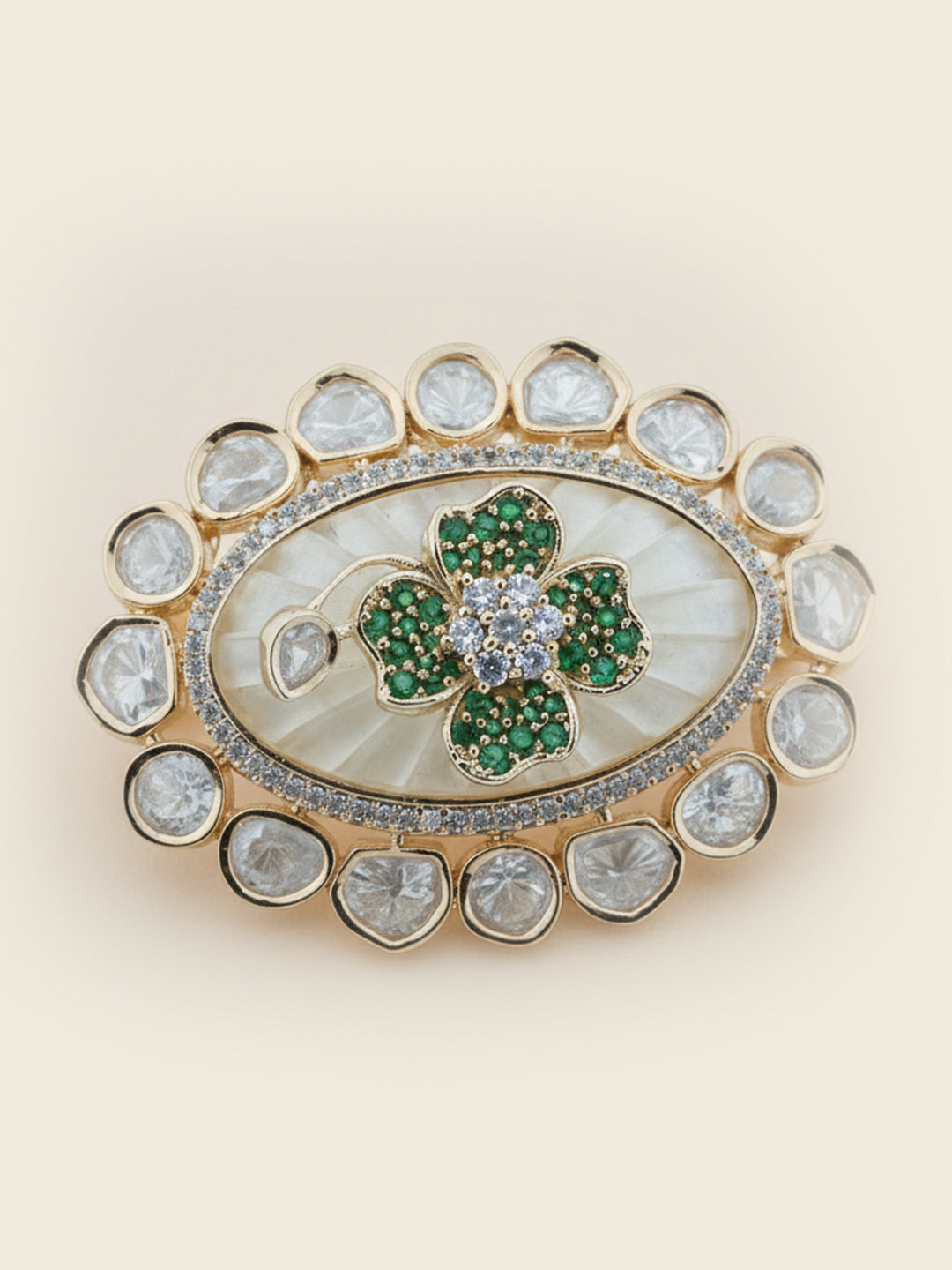 Aanura Gold-Plated Floral Oval Ring with Stones