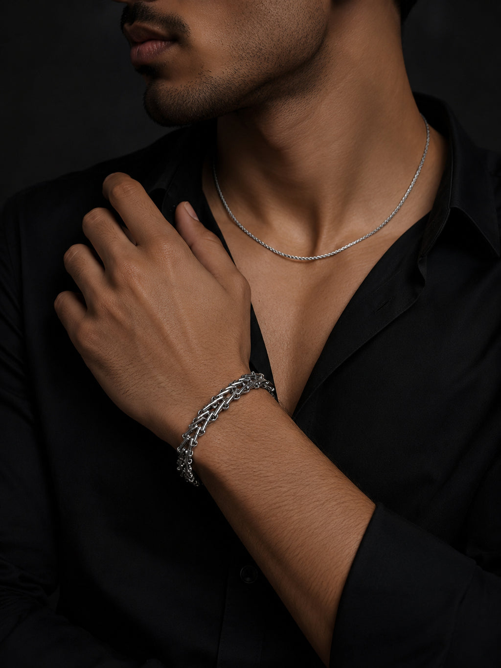 Rhodium Plated Rope Chain & Multi-Link Bracelet Combo for Men