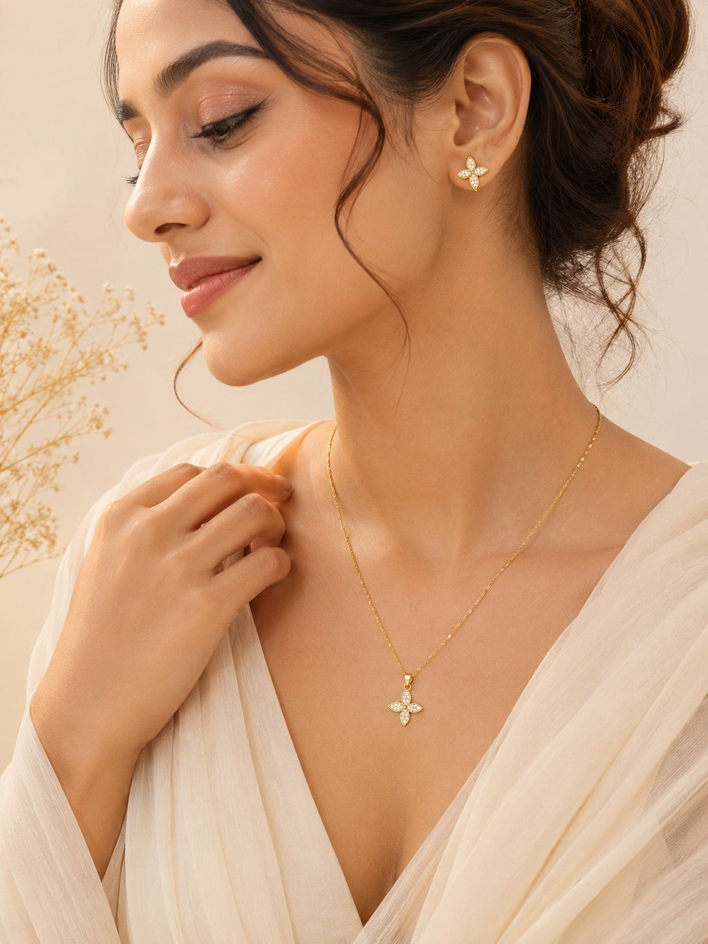 Aanura Diamond Flower Necklace & Earrings Set