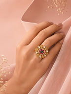 Aanura Gold-Plated Floral Kundan Green Ruby Ring