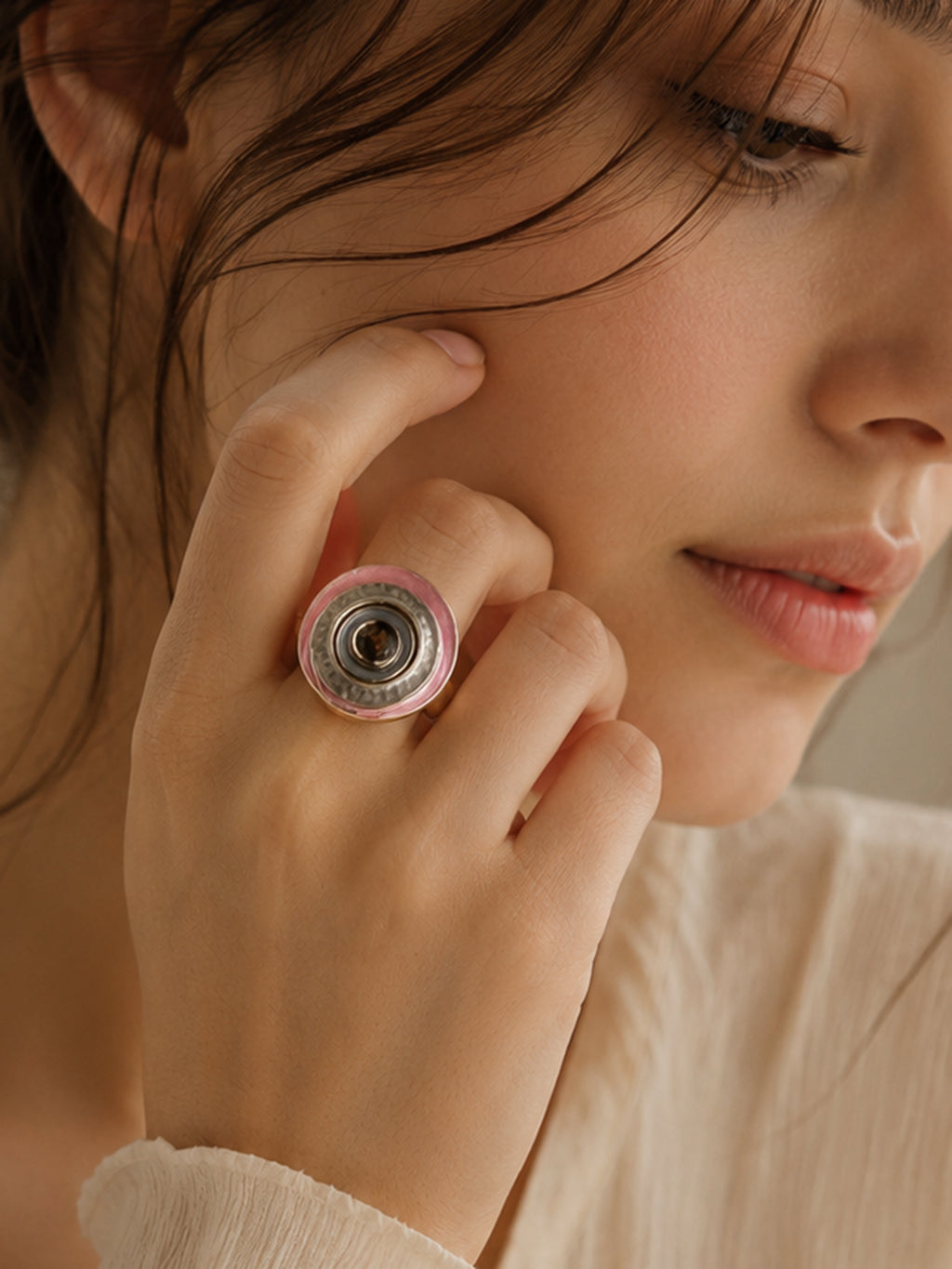 18K Gold-Plated Pink & White Enamel Ring – Anti-Tarnish & Waterproof
