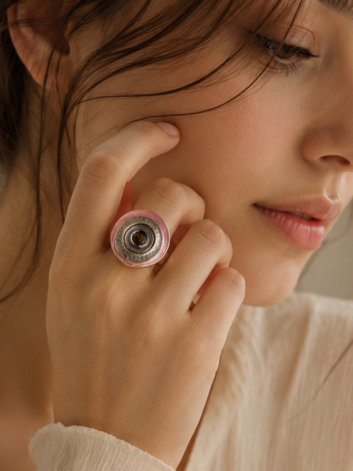 18K Gold-Plated Pink & White Enamel Ring – Anti-Tarnish & Waterproof