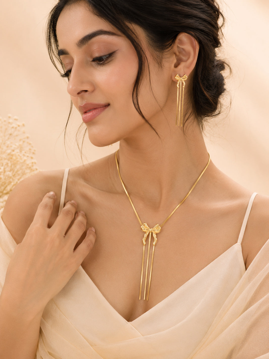 Aanura Golden Ribbon Bow Necklace & Earrings Set