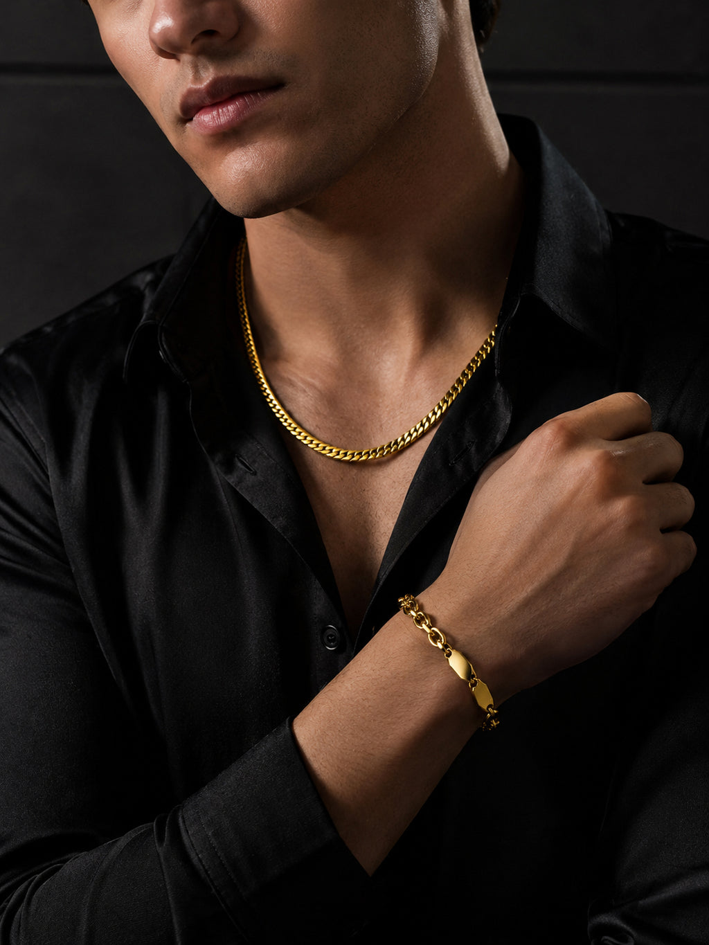 Gold Curb Chain & Geometric Link Bracelet Combo for Men