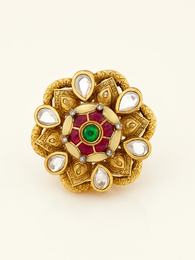 Aanura Gold-Plated Floral Kundan Green Ruby Ring