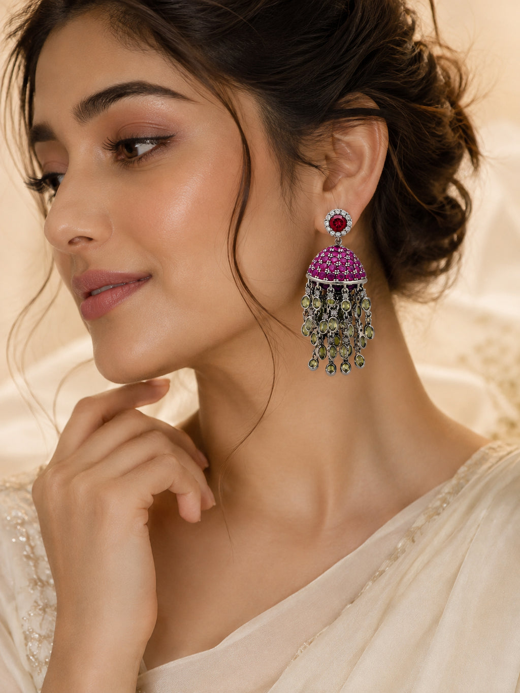 Aanura Red Dome Tassel Jhumka-Style Earrings