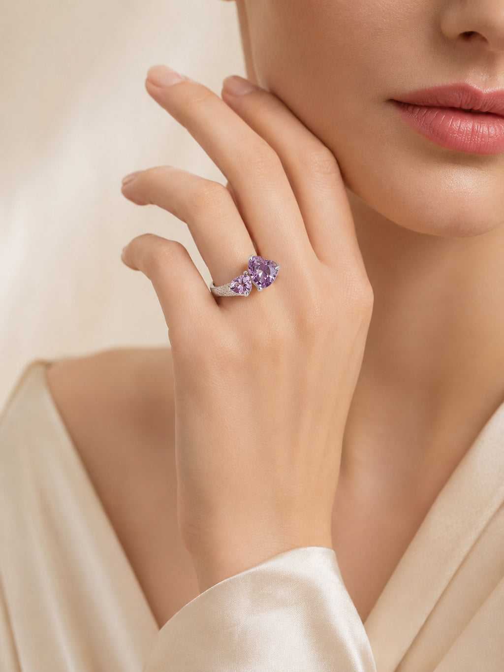 Rhodium Plated Pink Twin Heart Crystal Ring