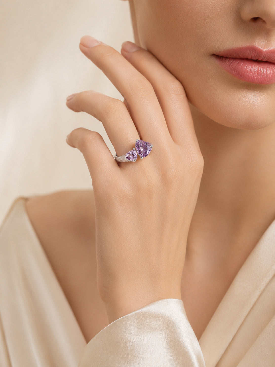Rhodium Plated Pink Twin Heart Crystal Ring