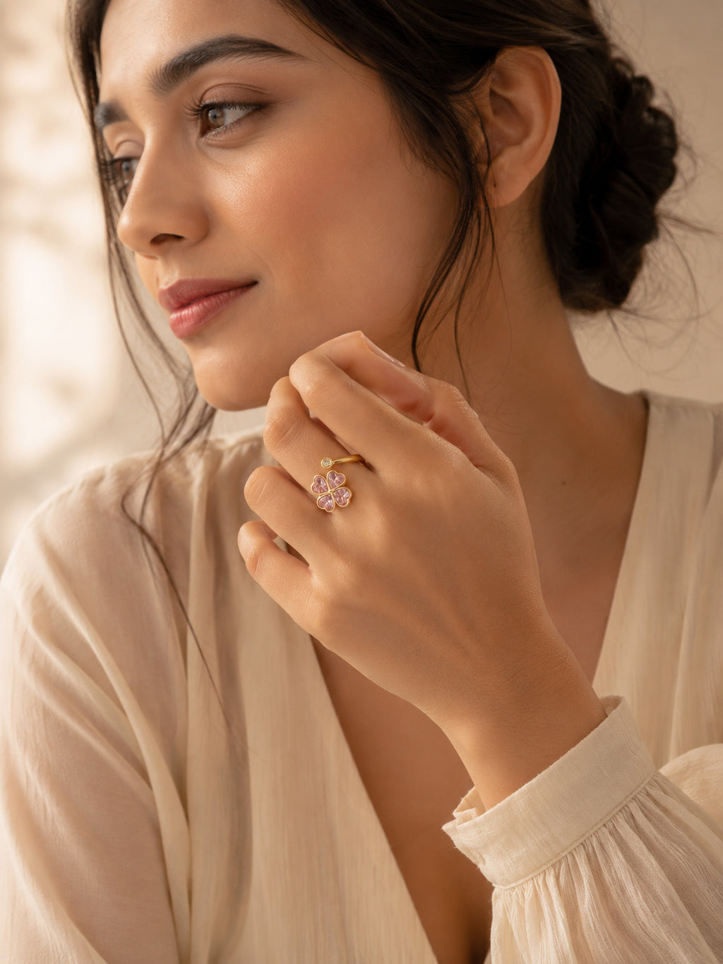 18K Gold Plated Water-Resistant Pink Heart Clover Ring