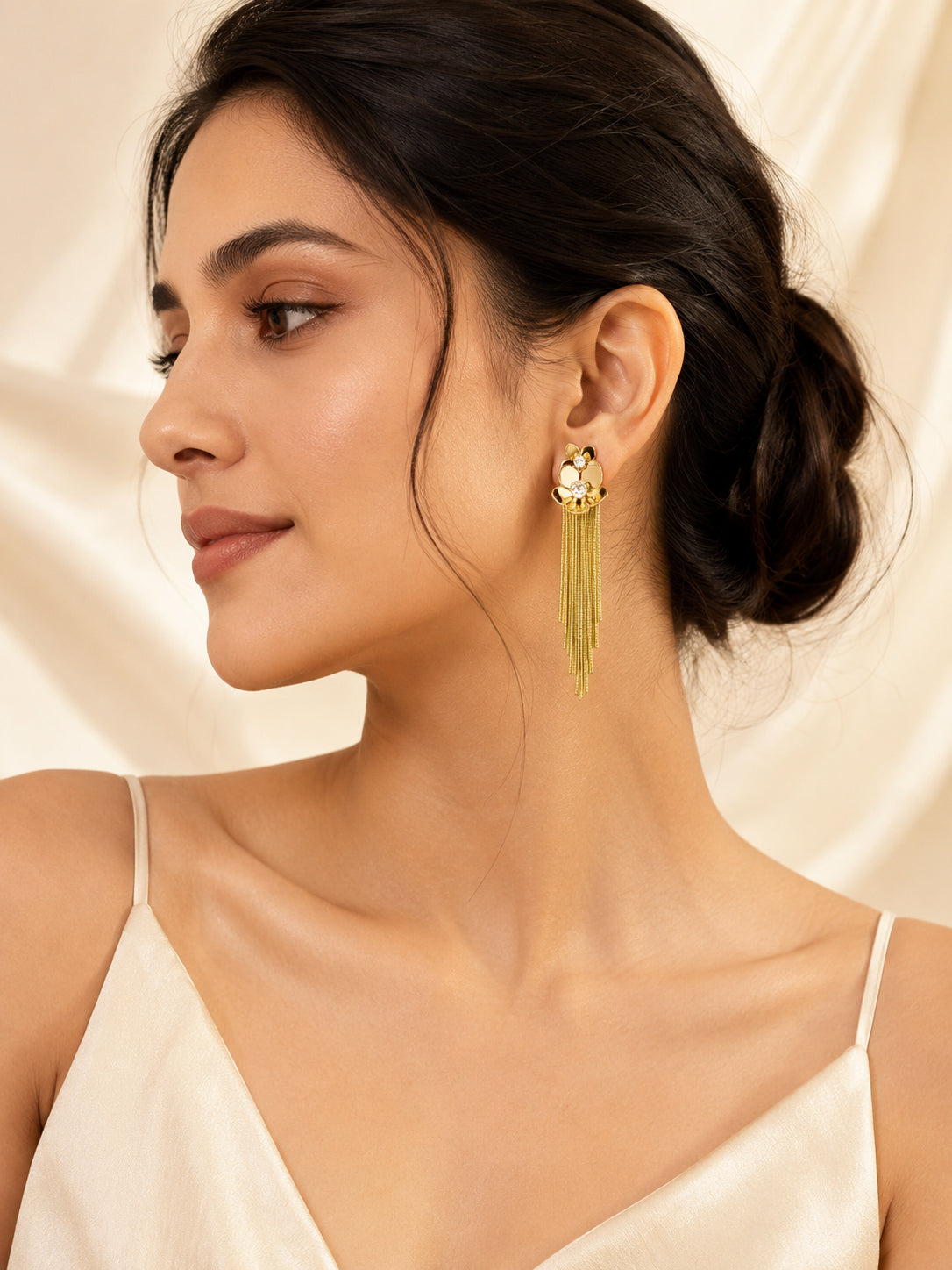 Aanura Crystal Floral Tassel Gold Drop Earrings
