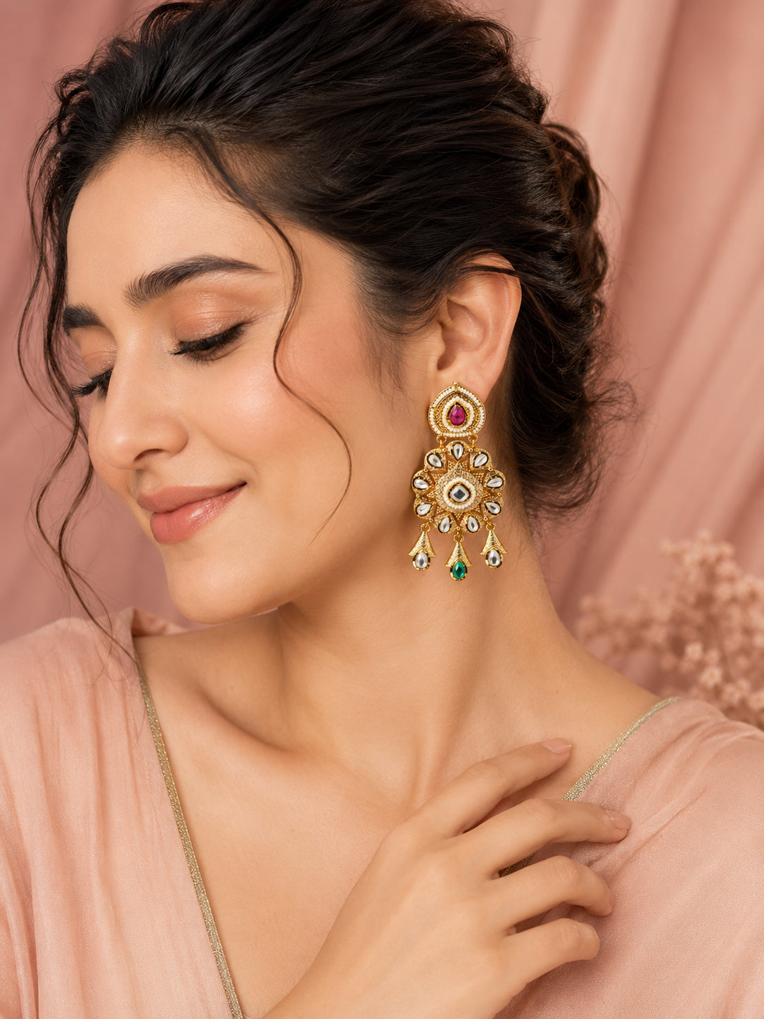 Aanura Gold Kundan Earrings with Red & Green Stones