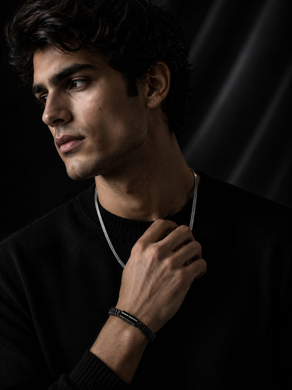 Rhodium Plated Herringbone Chain & Black Woven Bracelet Combo